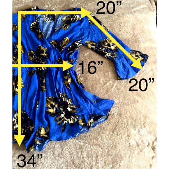 Free People '25 Royal Blue Floral Romper Rush Ruffles Wrap Front about Sz L-XL - Picture 10 of 16